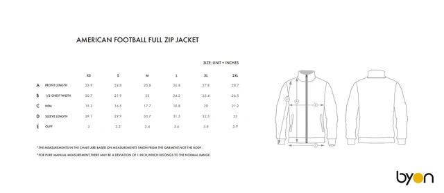 American Football Full-Zip Jacket size chart