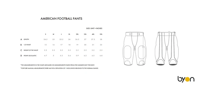 American Football Pants size chart