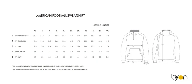 American Football Sweatshirt size chart
