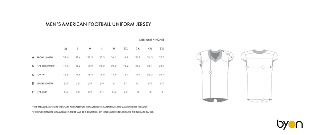 Men's American Football Uniform Jersey size chart