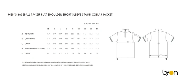 Men's 1/4-Zip Flat Shoulder Short-Sleeve Stand-Collar Jacket size chart