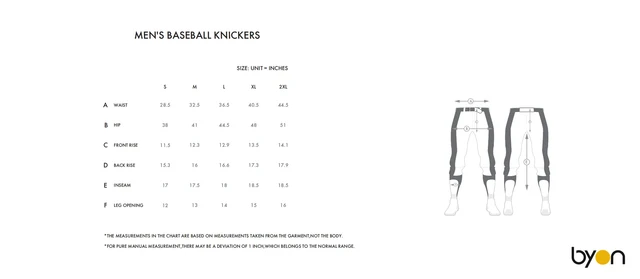 Men's Baseball Knickers size chart