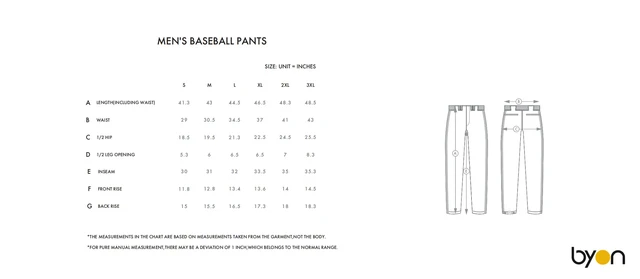 Men's Baseball Pants size chart