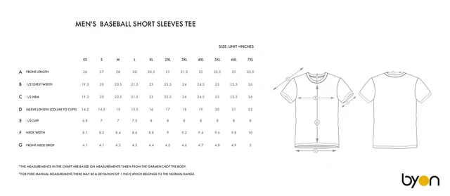 Men's Baseball Short-Sleeve Tee size chart