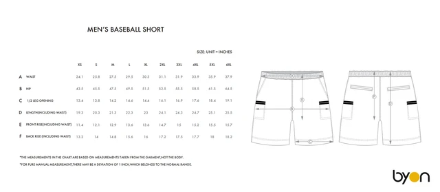 Men's Baseball Shorts size chart