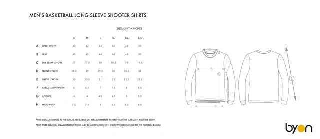 Men's Basketball Long-Sleeve Shooter Shirt size chart