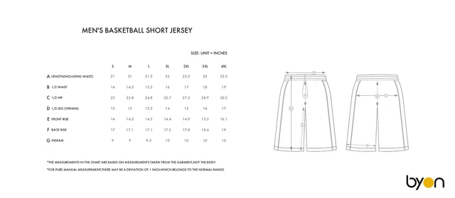 Men's Basketball Short Jersey size chart