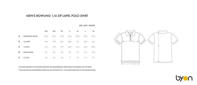 Men's 1/4-Zip Lapel Polo Shirt size chart