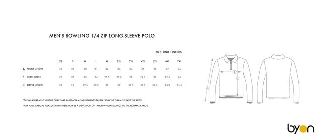 Men's 1/4-Zip Long-Sleeve Polo size chart
