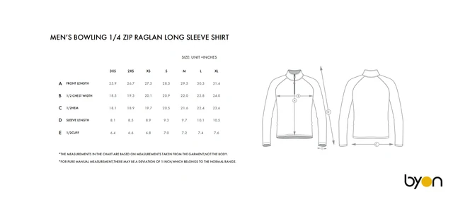 Men's 1/4-Zip Raglan Long-Sleeve Shirt size chart