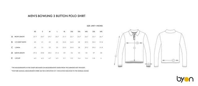 Men's 3-Button Polo Shirt size chart