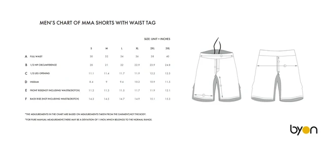 Men's MMA Shorts with Waist Tag size chart