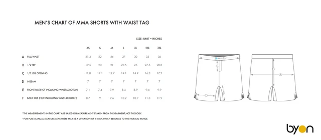 Men's MMA Shorts with Waist Tag size chart