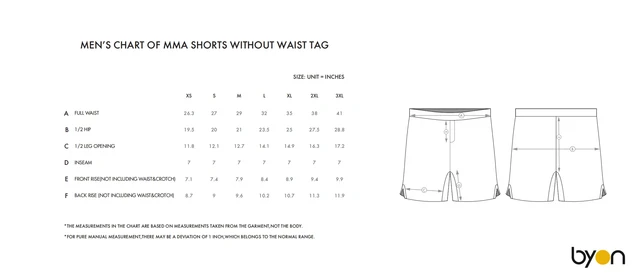Men's MMA Shorts without Waist Tag size chart