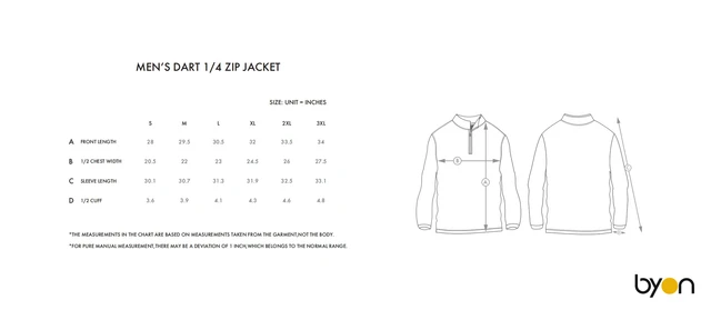 Men's Darts 1/4-Zip Jacket size chart