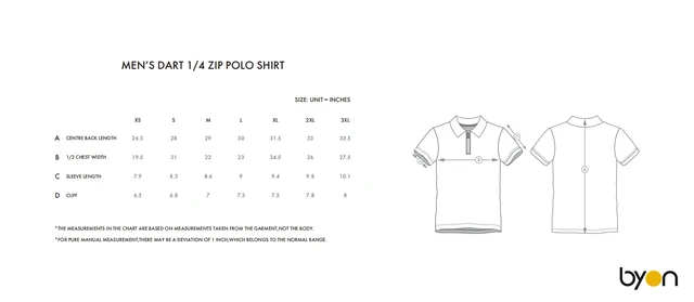 Men's Darts 1/4-Zip Polo Shirt size chart