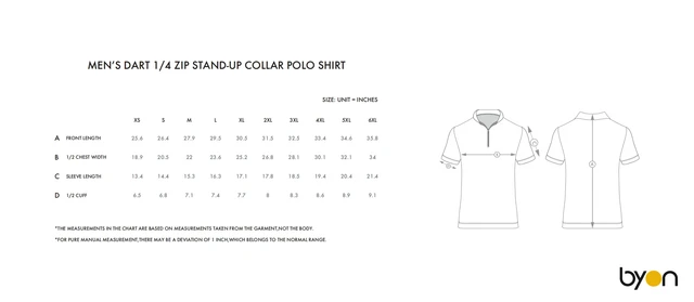 Men's Darts 1/4-Zip Stand-Up Collar Polo Shirt size chart