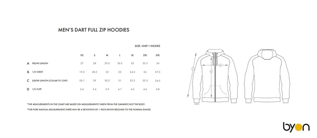 Men's Darts Full-Zip Hoodie size chart