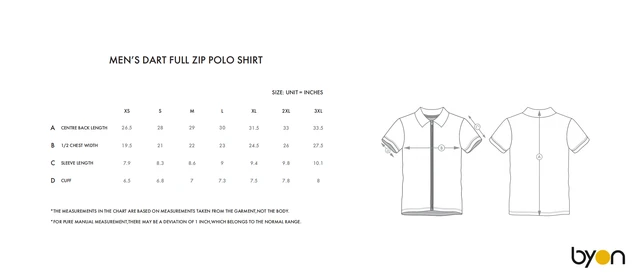 Men's Darts Full-Zip Polo Shirt size chart