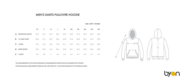 Men's Darts Pullover Hoodie size chart