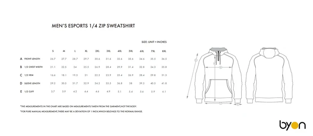 Men's Esports 1/4-Zip Sweatshirt size chart