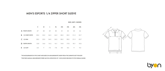 Men's Esports 1/4-Zipper Short-Sleeve Shirt size chart