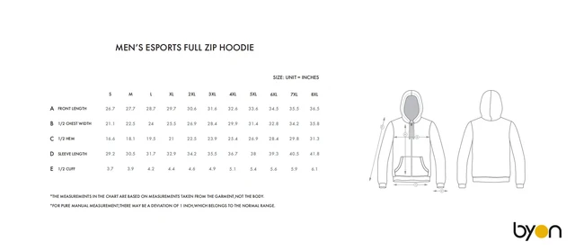 Men's Esports Full-Zip Hoodie size chart