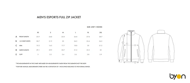 Men's Esports Full-Zip Jacket size chart