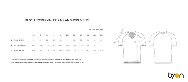 Men's Esports V-Neck Raglan Short-Sleeve Shirt size chart
