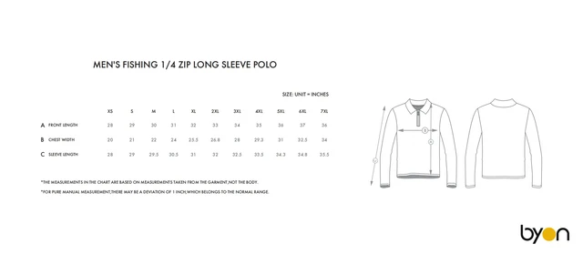 Men's Fishing 1/4-Zip Long-Sleeve Polo size chart