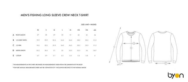 Men's Fishing Long-Sleeve Crew-Neck T-Shirt size chart