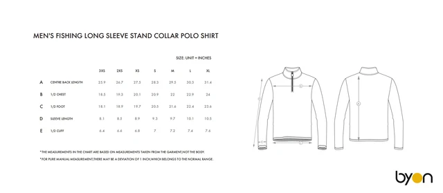Men's Fishing Long-Sleeve Stand-Collar Polo Shirt size chart