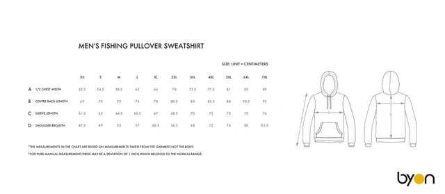 Men's Fishing Pullover Sweatshirt size chart