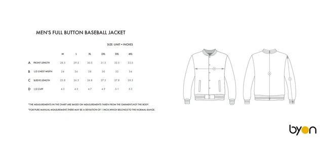 Men's Full-Button Baseball Jacket size chart
