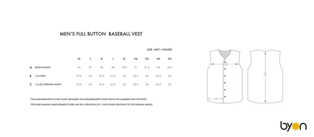 Men's Full-Button Baseball Vest size chart