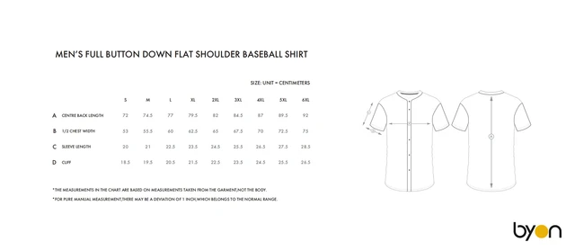 Men's Full-Button Flat-Shoulder Baseball Shirt size chart