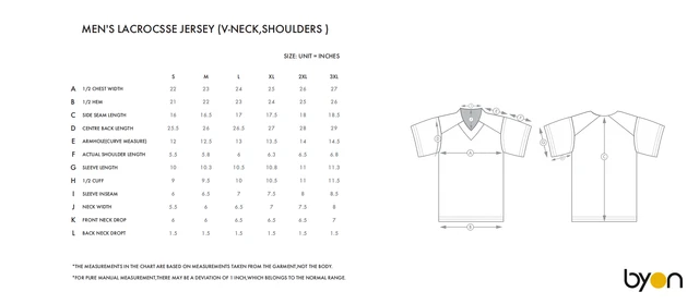 Men's Lacrosse V-Neck Shoulder Jersey size chart