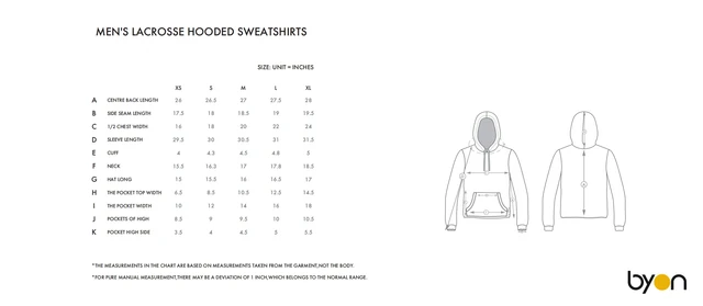 Men's Lacrosse Hooded Sweatshirt size chart