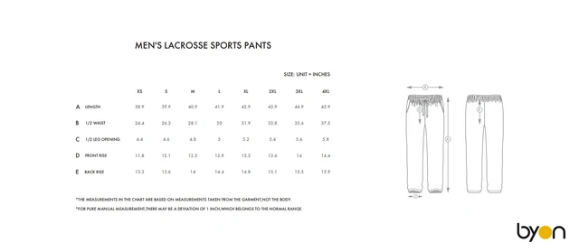 Men's Lacrosse Sports Pants size chart