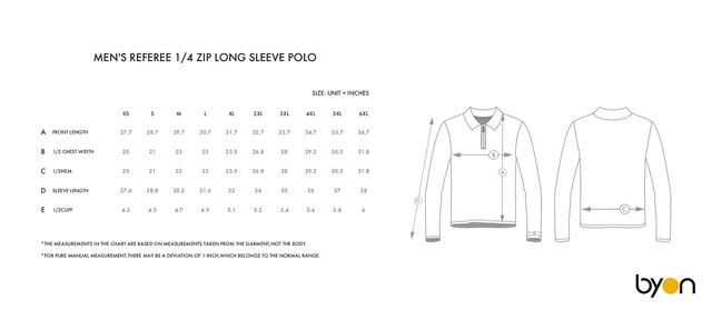 Men's Referee 1/4-Zip Long-Sleeve Polo size chart