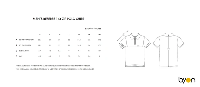 Men's Referee 1/4-Zip Polo Shirt size chart