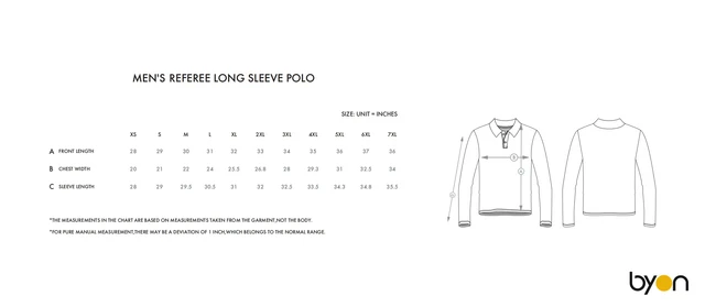 Men's Referee Long-Sleeve Polo size chart