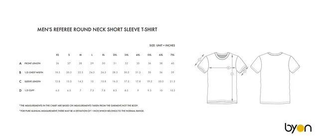Men's Referee Round-Neck Short-Sleeve T-Shirt size chart