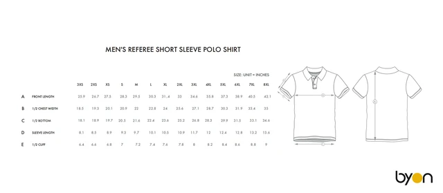 Men's Referee Short-Sleeve Polo Shirt size chart