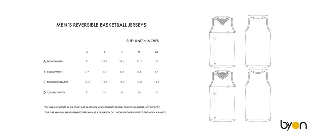 Men's Reversible Basketball Jersey size chart