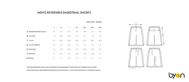 Men's Reversible Basketball Shorts size chart