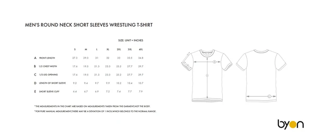 Men's Round-Neck Short-Sleeve Wrestling T-Shirt size chart