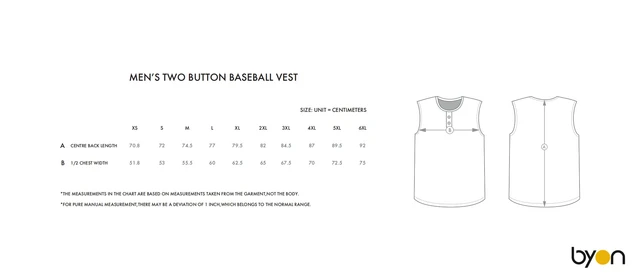 Men's Two-Button Baseball Vest size chart