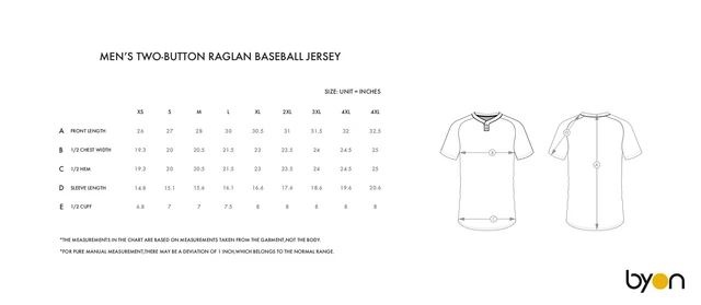 Men's Two-Button Raglan Baseball Jersey size chart