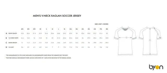 Men's V-Neck Raglan Soccer Jersey size chart